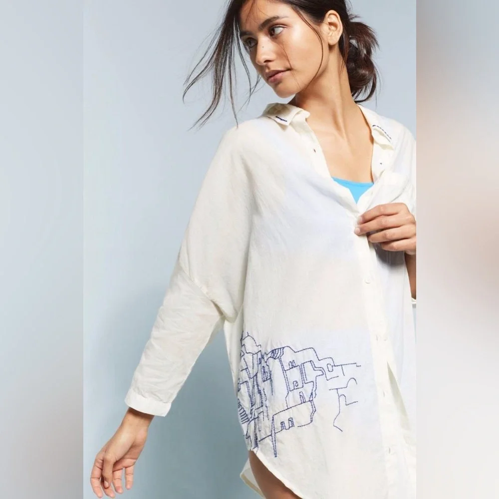 NWT ANTHROPOLOGIE EMBROIDERED SHIRT ALLIHOP DON'T FOLLOW ME I'M LOST TOO size Xs - Picture 1 of 9